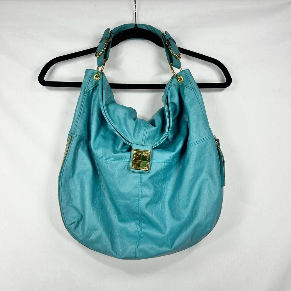 Turquoise Blue Slouchy Hobo Bag with Gold Hardware & Expandable Zipper
